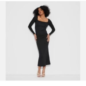 wild fable Black Long Sleeve Square-Neck Midi Dress